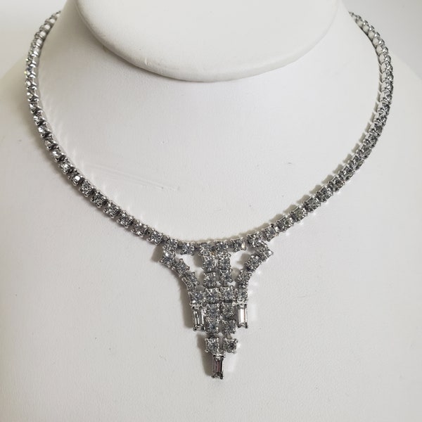 Vintage Clear Rhinestone and Silver Tone Metal Collar Necklace, Bridal Jewelry