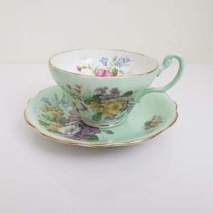 Mid Century EB Foley Mint Green Teacup Set With White Interior and Hand Painted Flowers