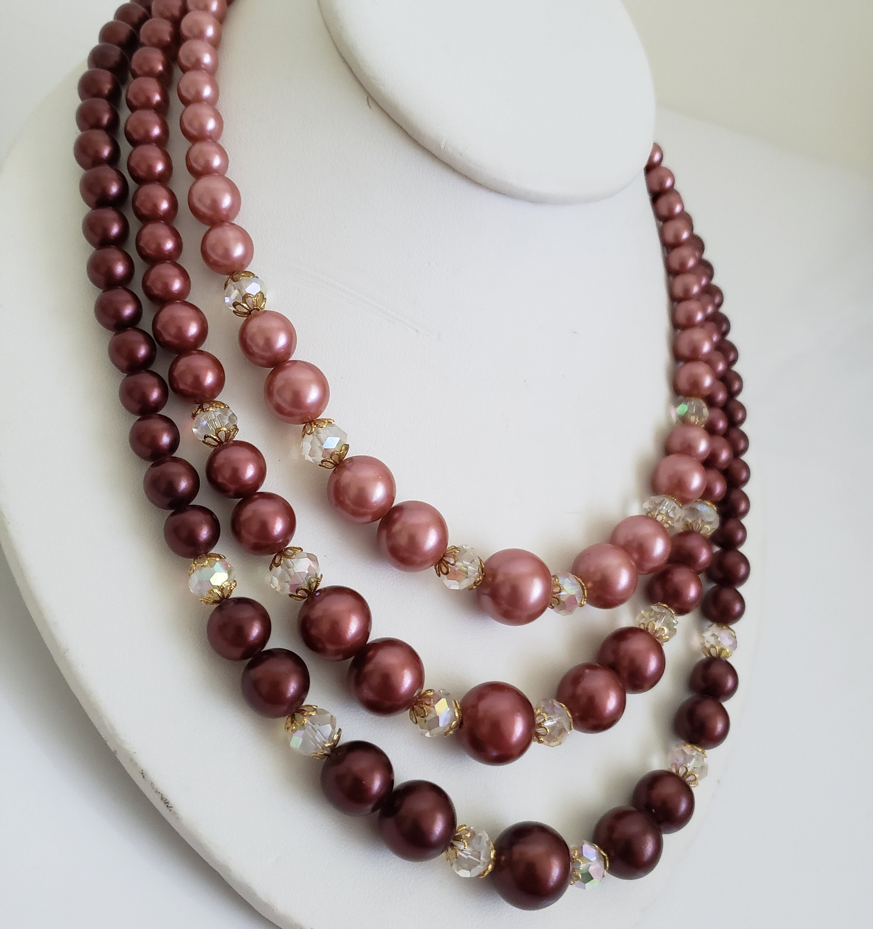 1960s Brown Glass Pearl Necklace: Aurora Borealis Crystal, Triple