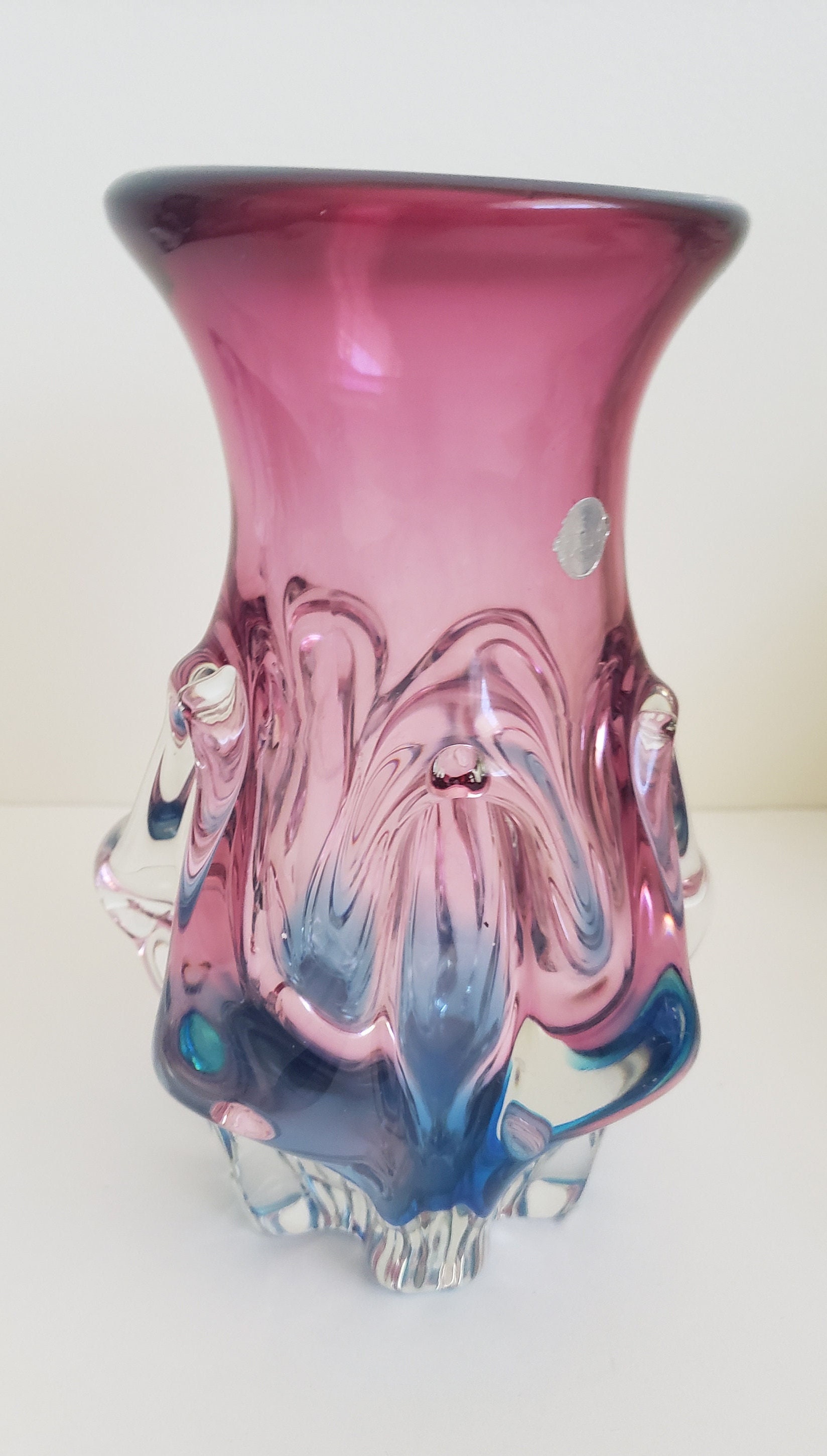 工芸品 Japanese Vintage Pink Aurora Glass Vase Vintage Hand Shape Enameled Pink Glass Flower Vase Japan
