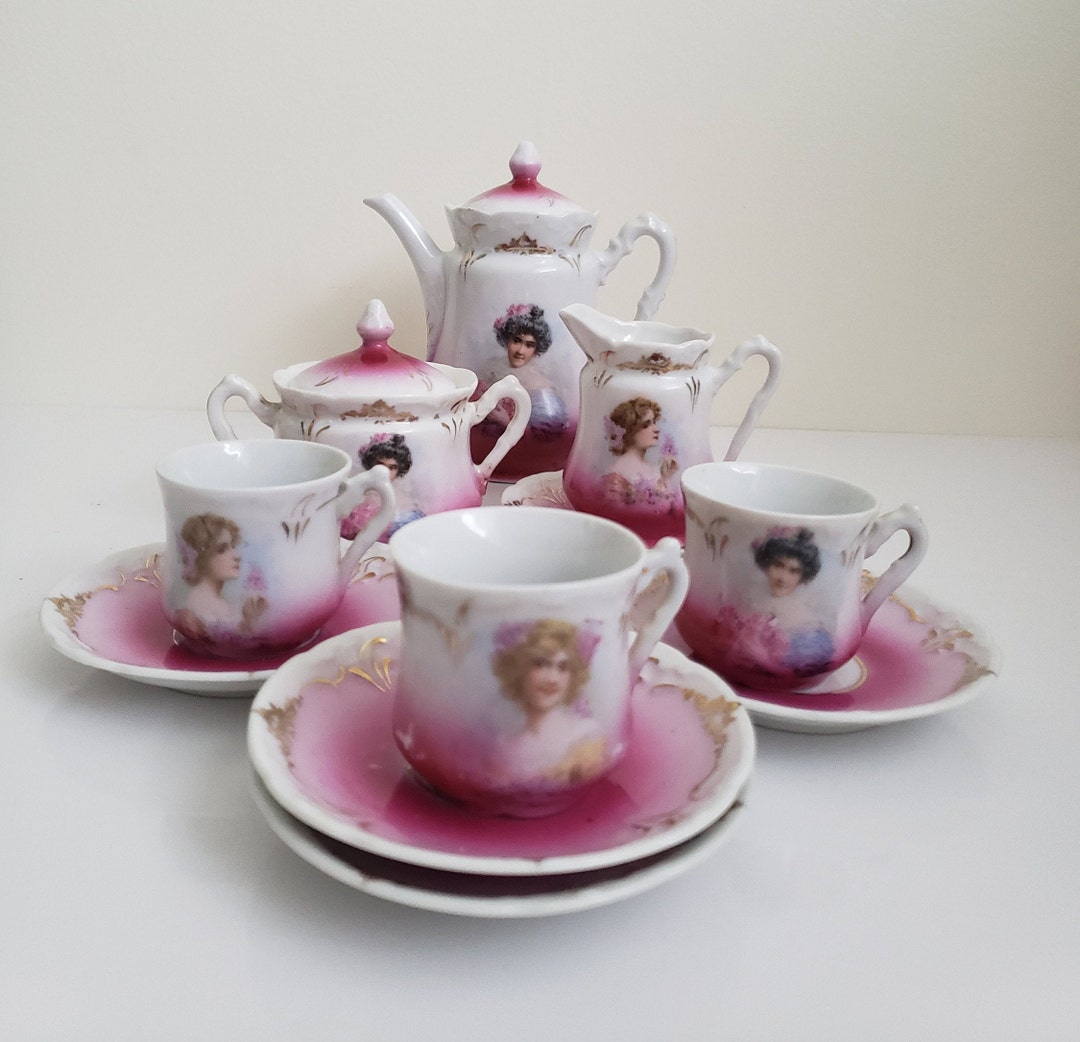 Victorian Ransfers Antique Victorian Porcelain Tea Set: Lady Portrait & Floral Transfers ...