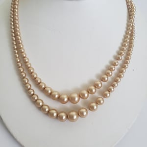 Vintage Double Strand Glass Pearl Necklace: Champagne Beige Bridal Jewelry