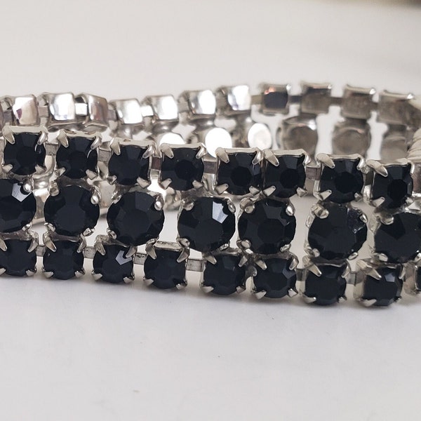 Vintage Black Crystal Rhinestone Bracelet, Triple Strand, Silver Tone Metal