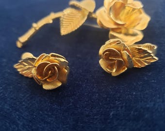 Vintage Gold Tone Rose Brooch and Earrings Set