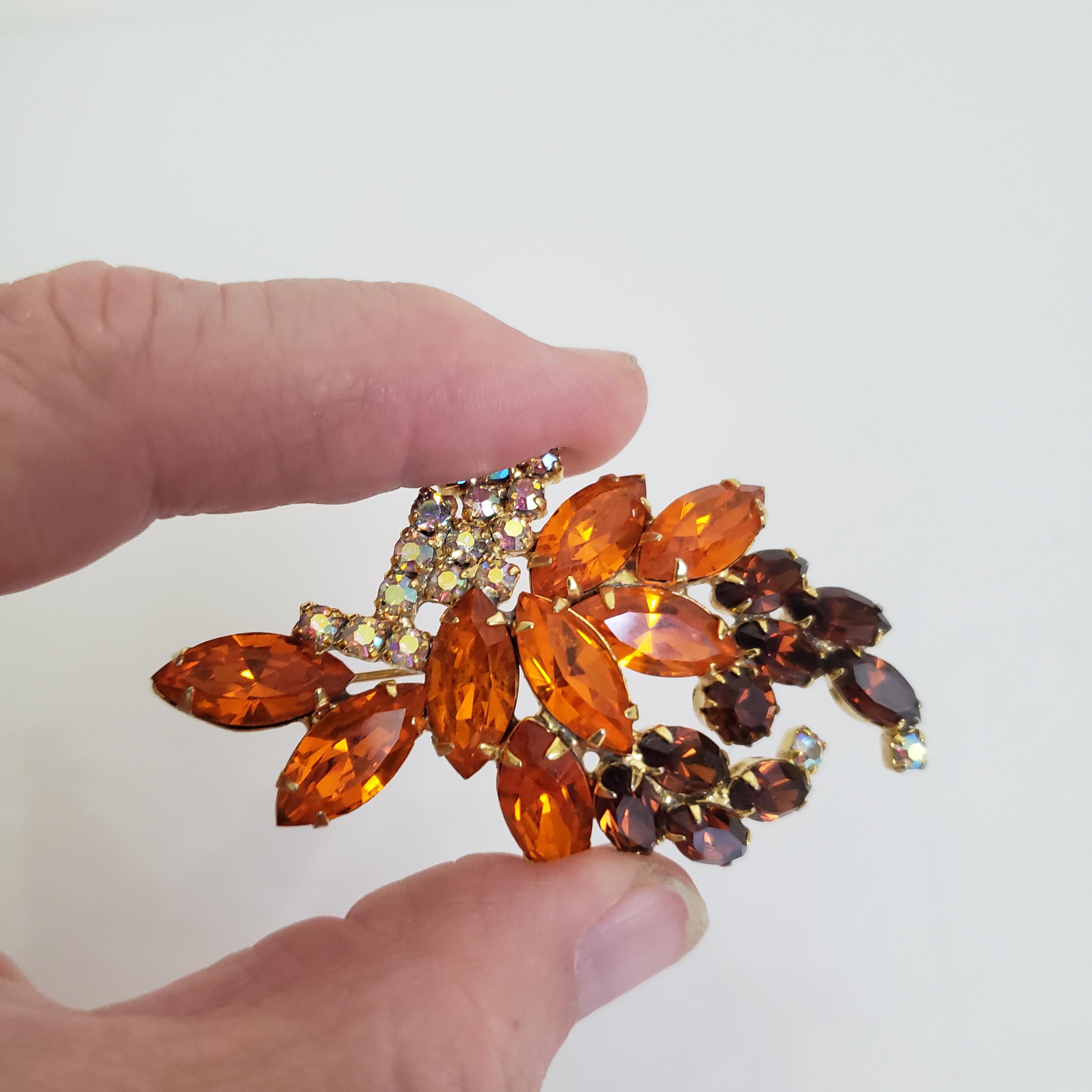 Broche Strass Orange Et Métal Doré - Vintage, Très Bon état, Occasion