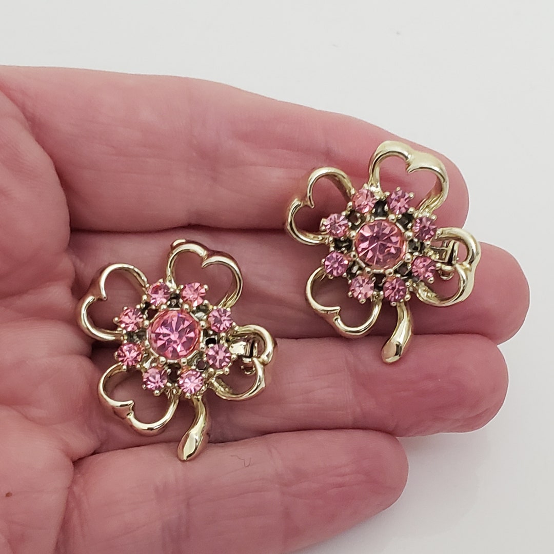 Broche Vintage Trèfle En Cristaux Rose Et Rouge - Or, Brillante, Modèle 84
