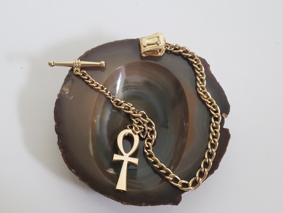 Vintage Gold Tone Egyptian Revival Watch Fob Chain With Ankh UK