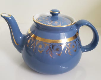 Vintage Hall China 8 Cup Blue Teapot With Gold Trim
