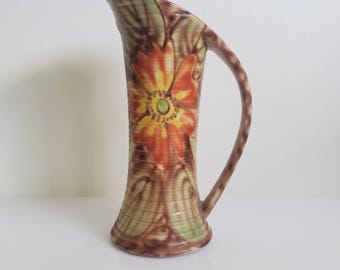 Art Deco Royal Art Pottery Pitcher Vase, Ribbed, One Handle, Floral