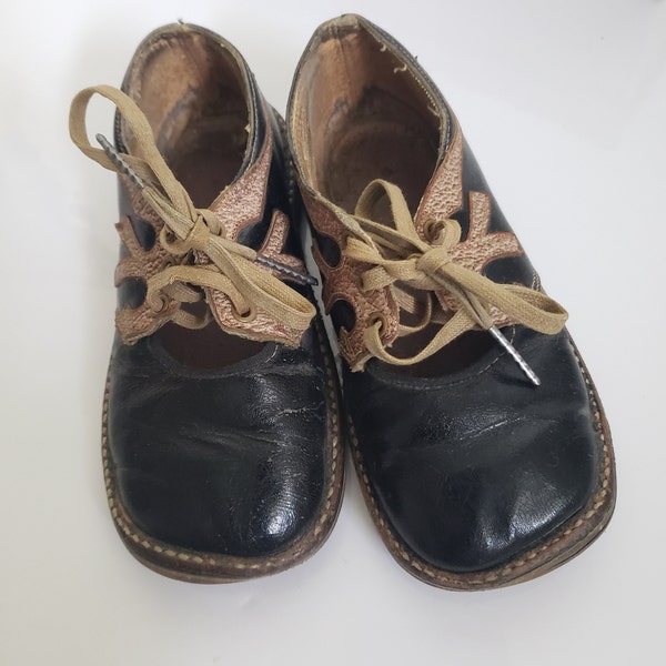 Antique Children's Leather Lace Up Shoes, Decorated Black Leather Uppers and Brown Soles, Light Brown Laces