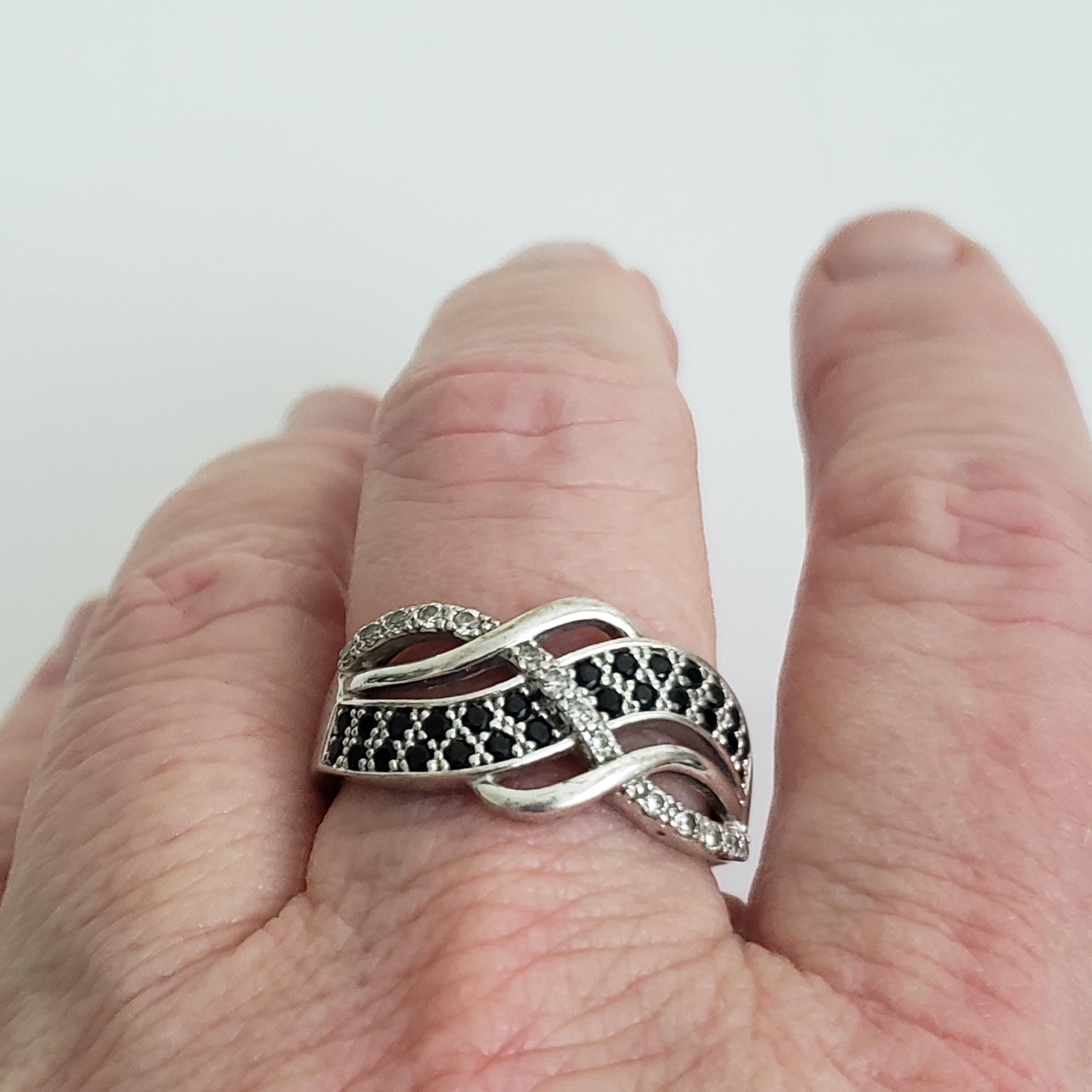 Vintage 925 Silver Black Spinel & CZ Crystal Crossover Ring - US