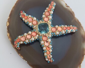 Vintage KJL Kenneth Jay Lane Starfish Brooch: Gold Tone, Pearl & Turquoise