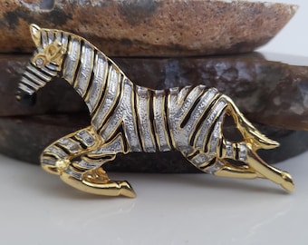 Vintage Zebra Brooch, Gold and Silver Tone With Black Enamel