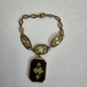 Antique Art Deco Enamel Link Bracelet With Central Pendant, Black, Green and White