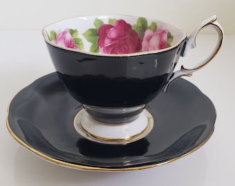 Royal Albert Teacup and Saucer Glossy or Shiny Black With Old English Rose Pattern and Heavy Gold Trim