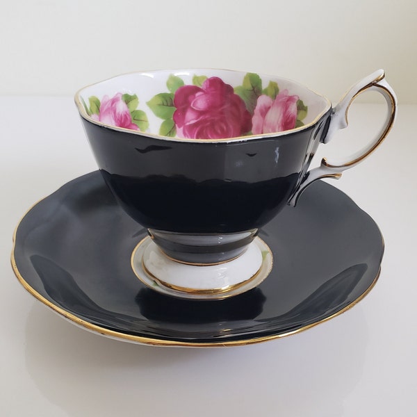 Royal Albert Teacup and Saucer Glossy or Shiny Black With Old English Rose Pattern and Heavy Gold Trim