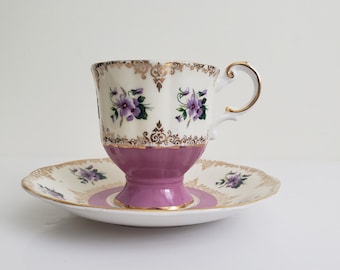 Mid Century Rosina Small Teacup and Saucer, Purple Flowers