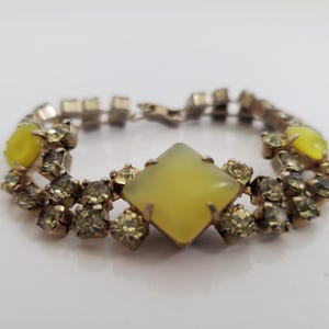 Vintage Rhinestone Cuff Bracelet: Yellow Art Glass Cabochons