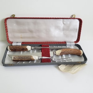 Mid Century Tranchierbesteck im Etui, hergestellt in Sheffield England, importiert von Premium Cutlery Company Toronto, Messer, Gabel und Spitzer