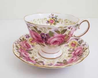 Royal Albert Serena Malvern Shaped Teacup and Saucer Set, White Teacup With Pink Cabbage Rose Floral Chintz, Made in England