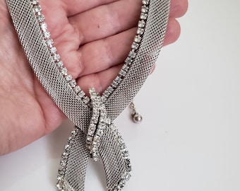 Vintage Statement Clear Rhinestone and Silver Tone Mesh Necklace or Choker, 1970s Silver Tone Necklace