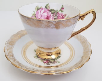 Vintage Hamilton Fine Bone China Made in England Teacup Set, Pearl Grey and White With Pink Roses and Gold Lacey Filigree Border