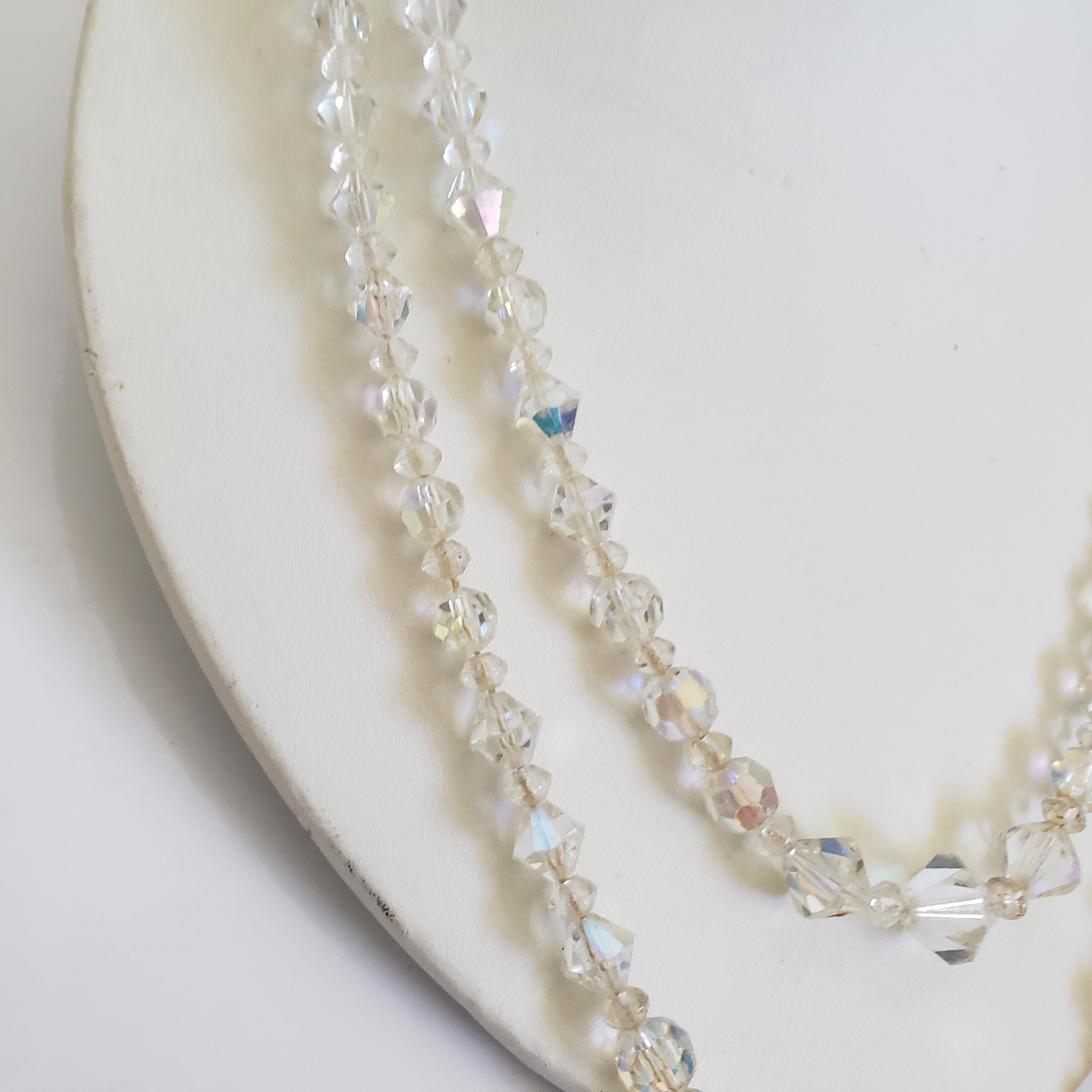 Collier Ancien Double Rang Perles Facettées Cristal Aurore Boréale Rose - Parfait état