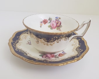 Vintage Coalport Batwing-theekopje: kobaltblauw en gouden bloemen, art deco