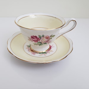 Mid Century Royal Albert Mailady (855747) Yellow Banner Pink Roses Avon Shape Teacup Set, 1940 to 1950