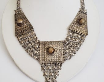 Vintage Silver and Stone Yemenite Bib Necklace