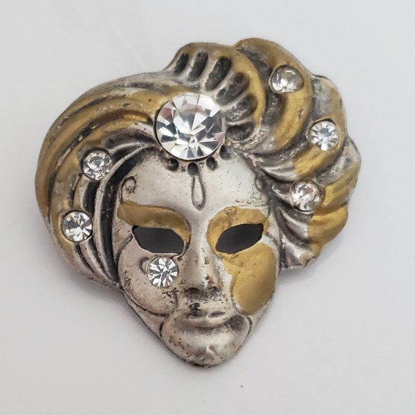 Vintage Silver Tone Metal Venetian Carnivale or Mardi Gras Mask Brooch, Shawl or Lapel Pin with Gold Enamel and Clear Glass Rhinestones,