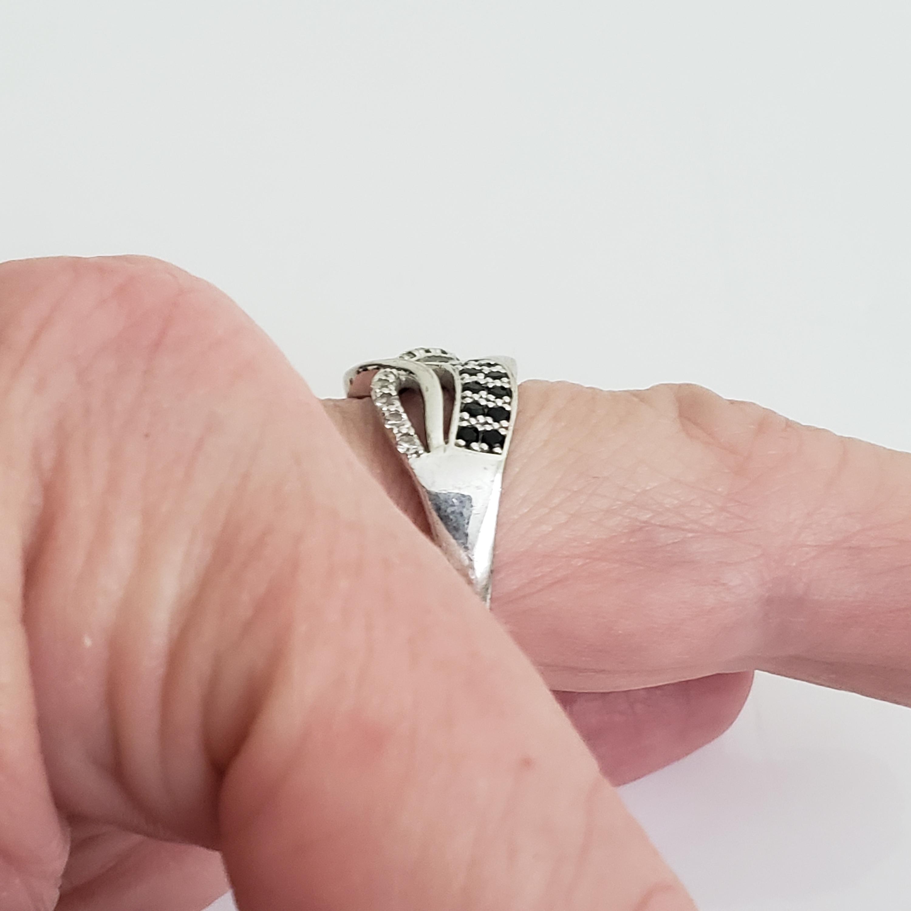 Vintage 925 Silver Black Spinel & CZ Crystal Crossover Ring - US