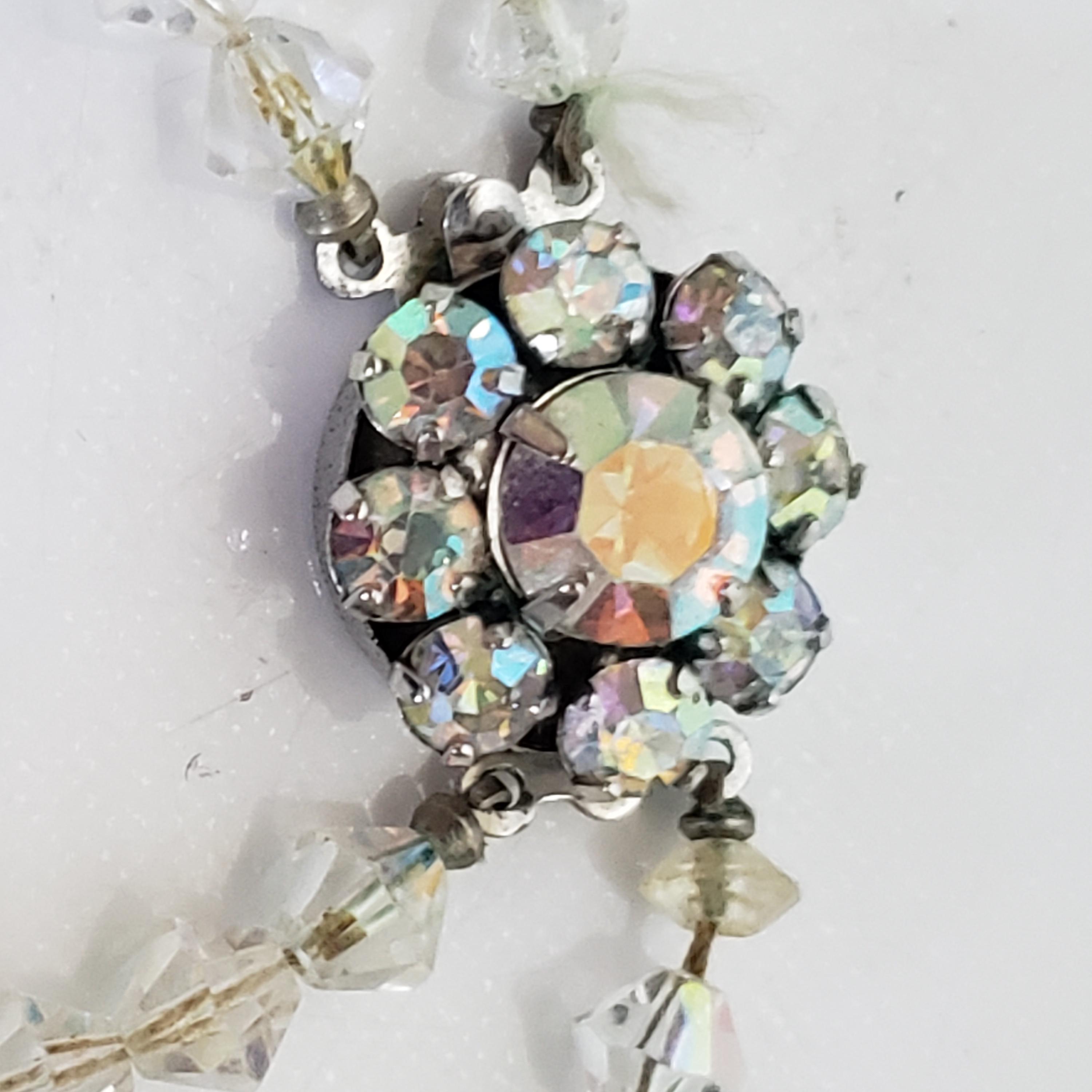 Collier Ancien Double Rangs Perles Facettées Cristal Aurore Boréale Rose - Occasion Parfait état