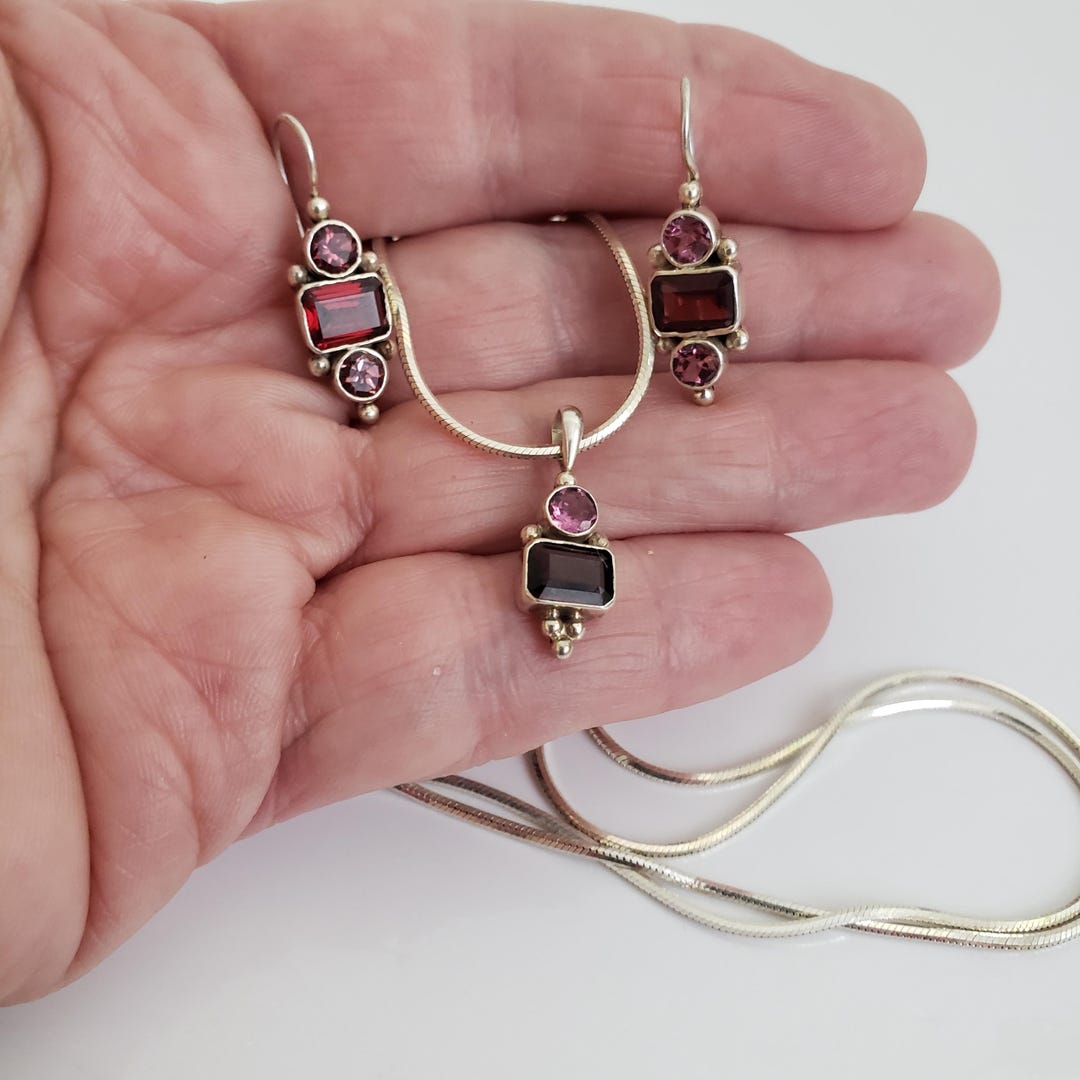 Vintage Italian 925 Silver Necklace and Earrings Set, Red & Pink