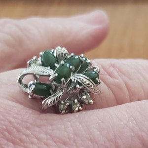 Vintage Nephrite Jade Ring: Rhinestone Silver Tone Setting, Size 5.5