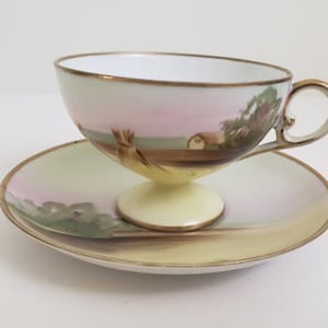 Gorgeous Antique Hand Painted Nippon Tea Cup and Saucer with Prairie Farm at Dawn Scene on Egg-Shell Porcelain