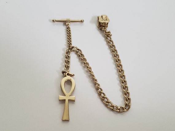 Egyptian Revival Watch Fob and Chain With Ankh Dangle, Gold Tone