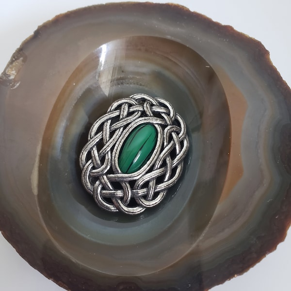 Vintage Oval Celtic Knot or Woven Brooch by Miracle, Pewter Tone with Green Glass Agate Stone