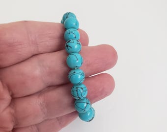 Vintage Painted Turquoise Blue Howlite Beaded Stretch Bracelet, Hand Made Cuff Bracelet