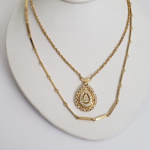 Vintage Celebrity NY Layered Necklace: Gold Tone Rhinestone Teardrop Pendant
