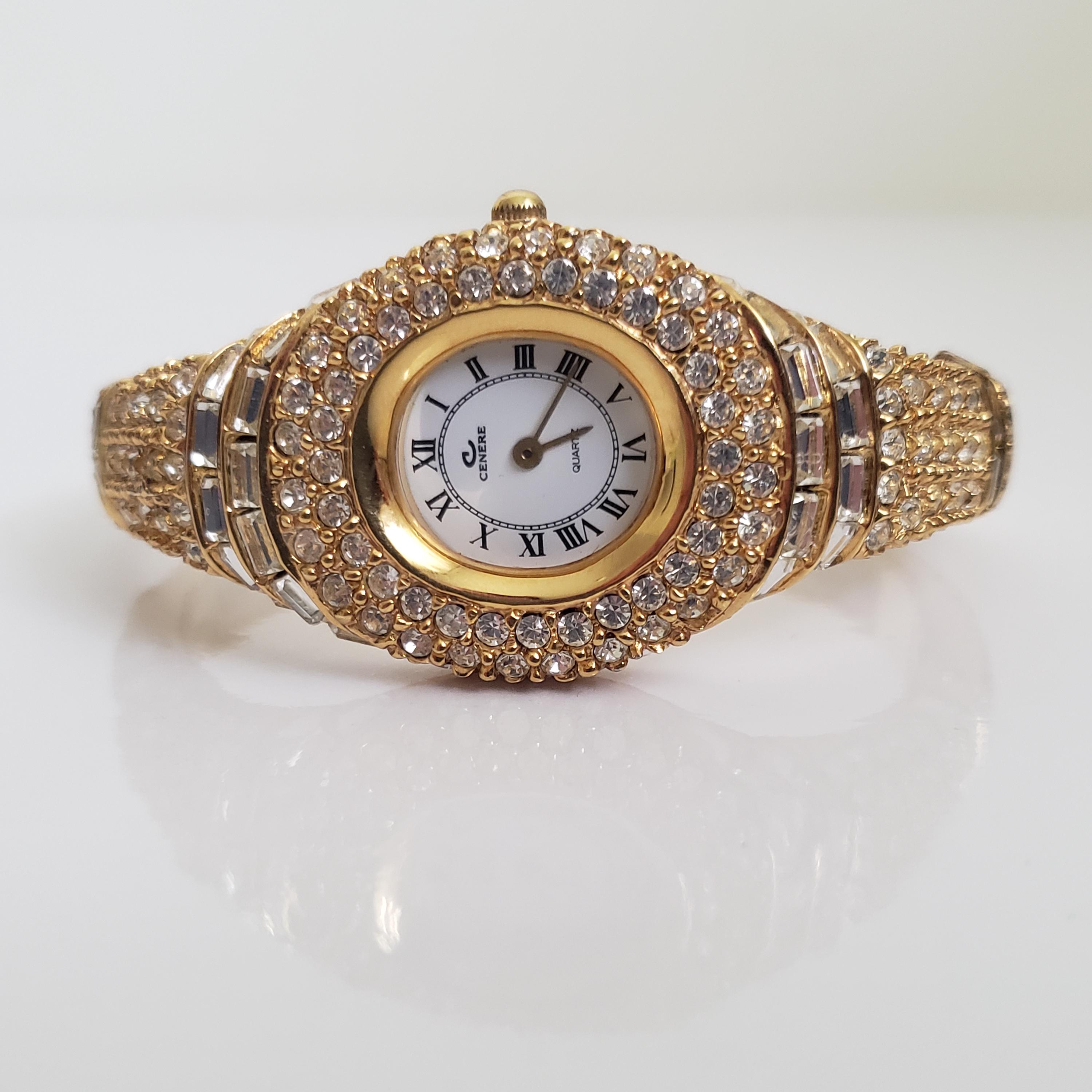 Vintage Cenere Rhinestone Clamper Bracelet Watch: 18K Gold  display picture 2