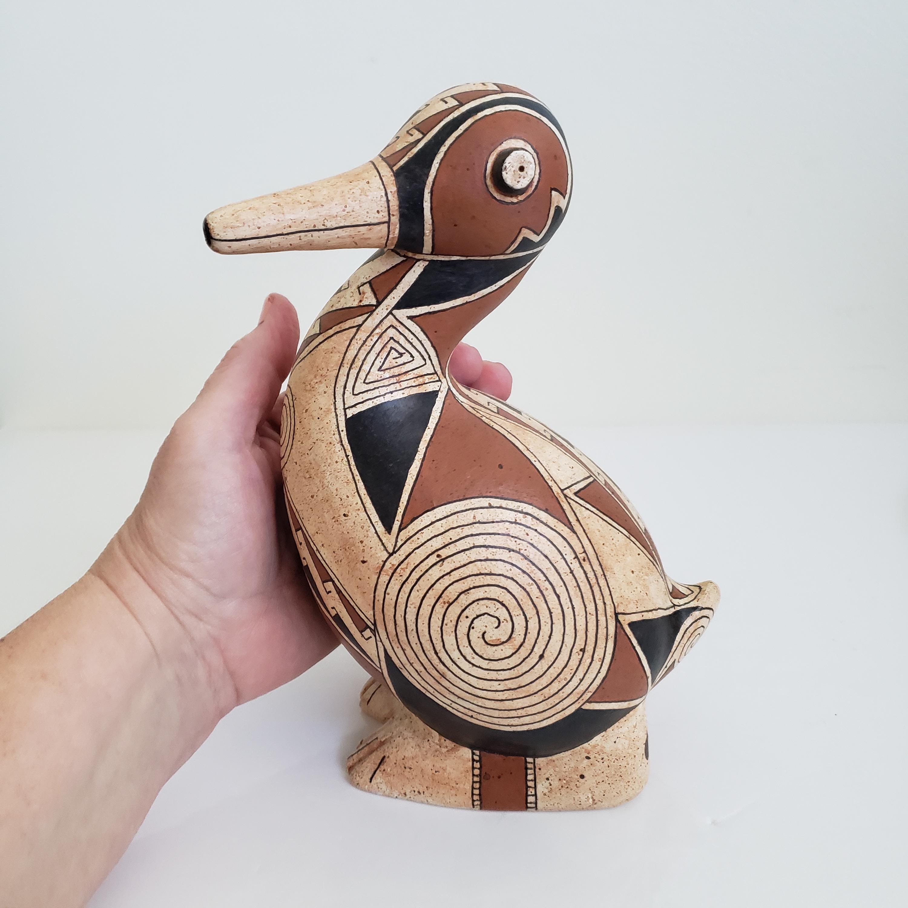 Gourd Art Goose or Duck Figure, Geometric Mimbres Style, Pierre