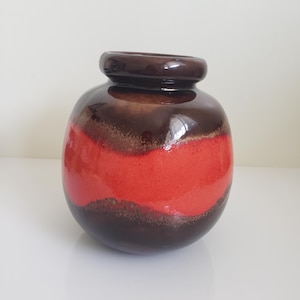 Vintage Scheurich West German Art Pottery Vase in Brown and Red/Orange Glaze 284-19, Mid Century Modern Fat Lava Vase
