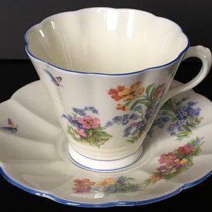 Vintage Art Deco Tuscan Plant Tea Cup And Saucer Set With Wild Flowers And Butterflies, Plant, Made in England