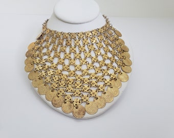 Vintage Gold Tone Bib Necklace or Choker, Arabian Style Choker, Belly Dancer Bib Necklace