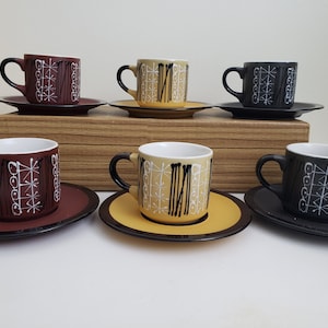 Juego de tazas de té de mediados de siglo: diseño atómico pintado a mano, fabricado en Japón