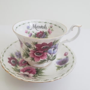 Vintage Royal Albert Flower of the Month Series March Anemones, Bone China, formato Montrose, feito na Inglaterra, sem data de copyright