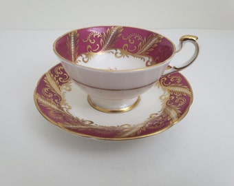 Vintage Paragon Teacup and Saucer Set, Fuchsia Banners with Gold Filigree Pattern, Wildflower Bouquet Details