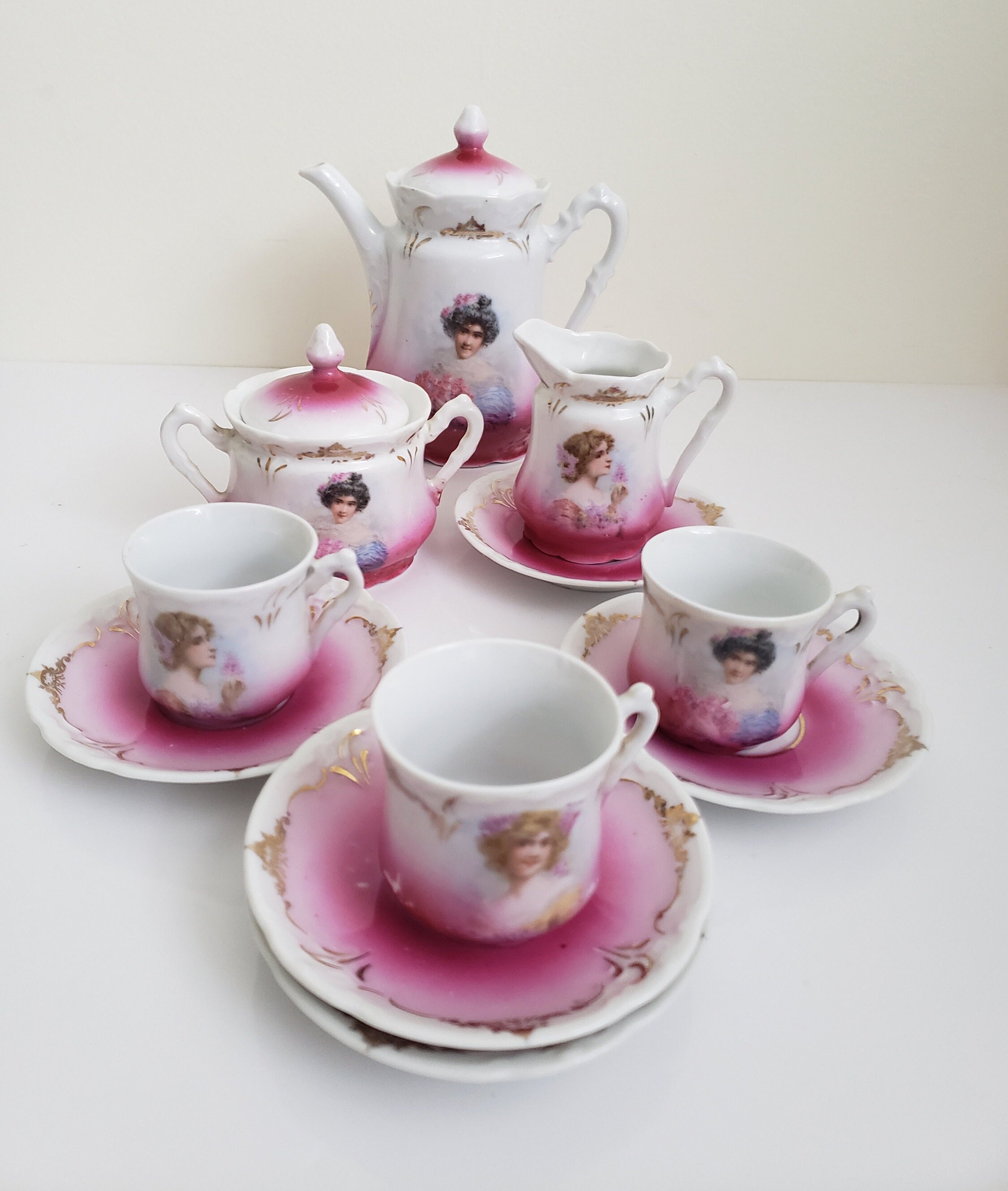 Victorian Ransfers Antique Victorian Porcelain Tea Set: Lady Portrait & Floral Transfers ...