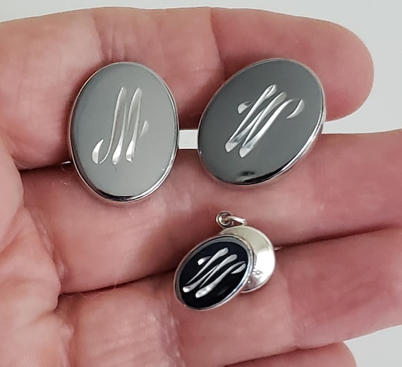 Boutons De Manchettes + Épingle à Cravate Vintage - Laiton Et Nacre - Occasion